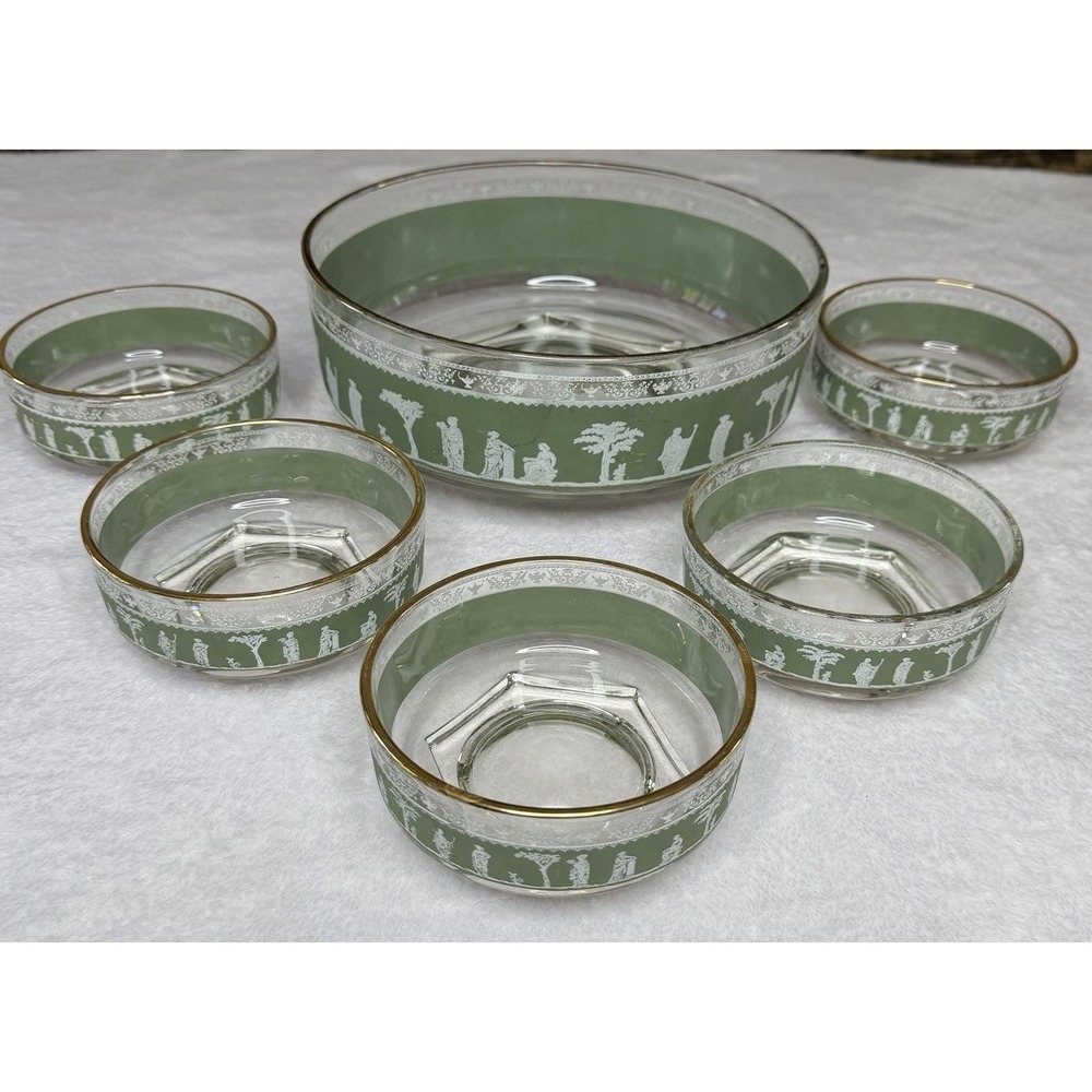 Jeanette Glass Hellenic Greek Green Wedgwood Glass Bowls Serving Set 6 Piece